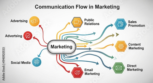 Marketing Communication Flow Diagram with Various Channels.