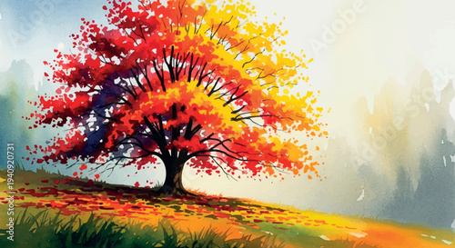 Vibrant Autumn Tree Watercolor Landscape Illustration
