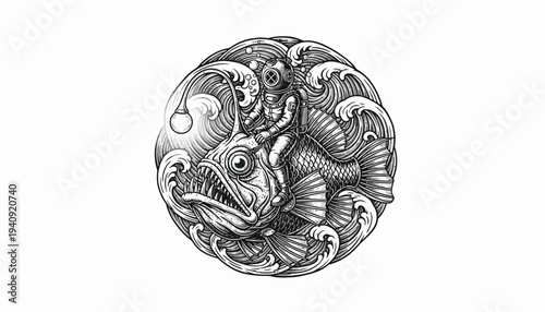 Deep Sea Diver Riding Anglerfish in Ornate Circular Design.