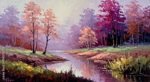Autumn Riverside Landscape with Colorful Trees