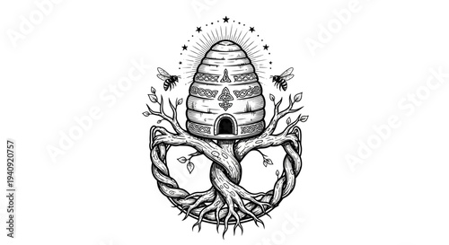 Detailed illustration of a beehive nestled in a tree with bees.