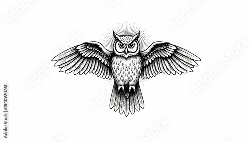 Detailed black and white sketch of an owl with outstretched wings.