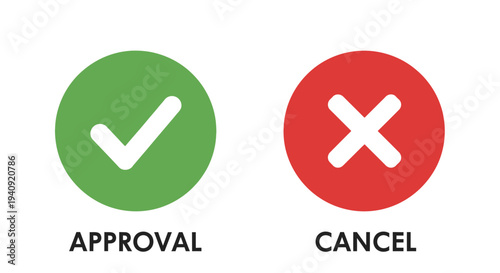 Approval and cancel symbols green check and red x icons on white background
