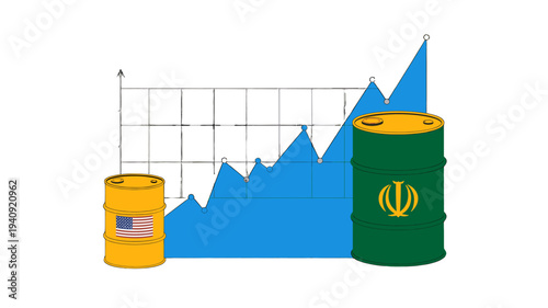 Oil barrels next to increasing growth graph.