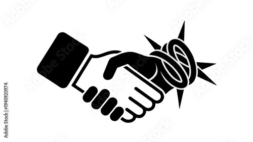 Handshake with barbed wire, symbolizing a deceptive agreement.