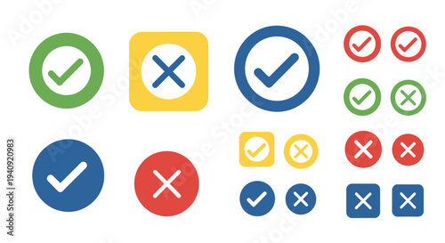 Colorful check mark and cross symbols on white background various styles