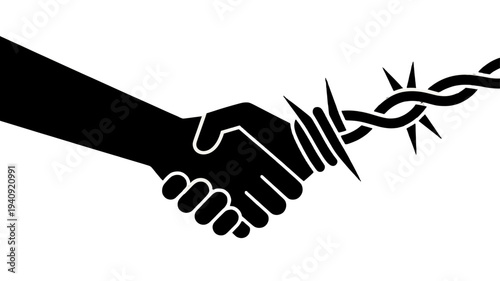 A symbolic image of hands clasped through barbed wire, representing the struggle for peace and understanding.