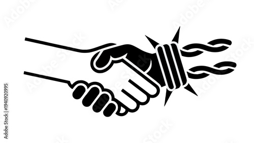 A symbolic depiction of a handshake entangled in barbed wire, illustrating a complex concept.