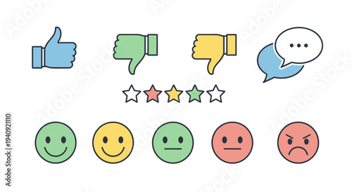 Feedback icons set thumbs up thumbs down star rating speech bubbles