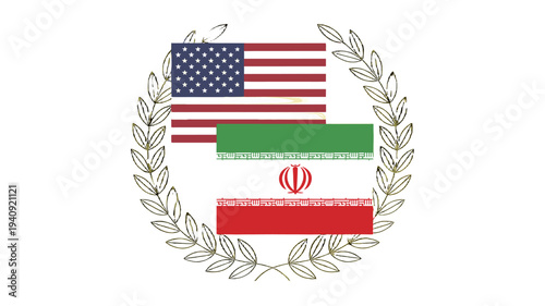 Image of USA flag and Iran flag with laurel wreath