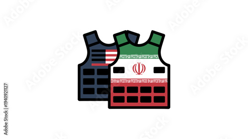 Two body armor vests symbolizing the relationship between the country of USA and Iran.
