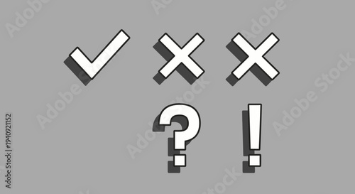 Graphic icons of check mark cross marks question mark and exclamation point