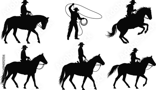 Cowboy silhouettes riding horses and roping lasso collection, western ranch lifestyle and rodeo action illustration set isolated on white background