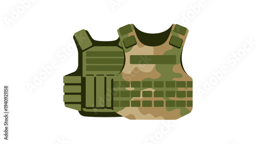 Two protective vests with camouflage patterns, showcasing essential military gear.