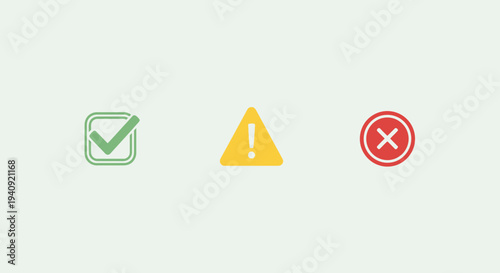Graphic icons of check mark exclamation point and cross sign on light background