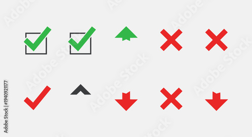 Graphic icons of checks crosses and arrows on a light background