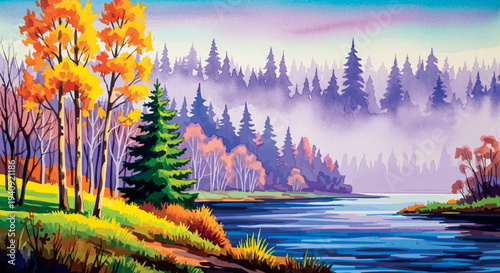 Autumn River Landscape with Colorful Forest Illustration