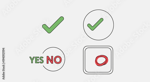 Graphic icons representing choices including yes no checkmark and approval