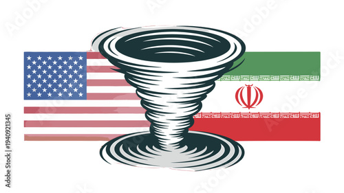 A depiction of a strong tornado superimposed with the flags of America and Iran, symbolizing potential conflict.
