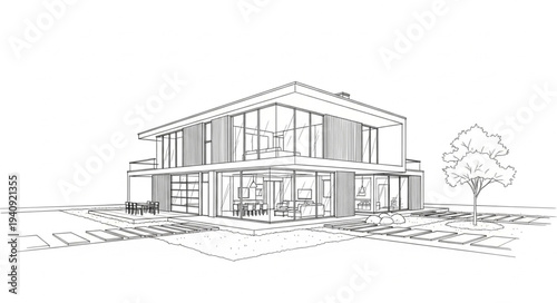 Modern Architectural Sketch of a Glass House.