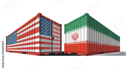 Trade containers of the United States and Iran symbolize global trade and economic relations.