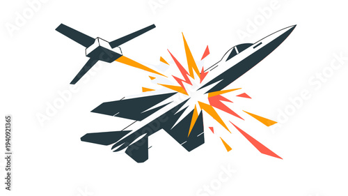 Illustration of aerial combat featuring two jet airplanes.