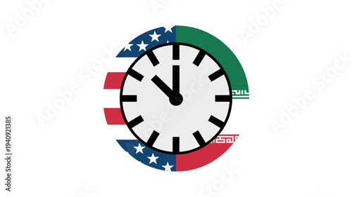 An illustration showing a clock with the flags of two nations, depicting a time-sensitive political or global concept.