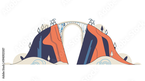 A stylized illustration of a bridge spanning two mountain.