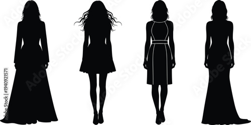 Elegant female silhouettes in long evening gowns and stylish dresses collection, fashion model poses showcasing glamour and beauty illustration isolated on white background