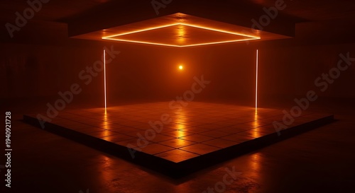 Empty square room with Sci Fi Futuristic Studio Stage Dark Room Underground Warehouse Garage Neon Led Laser Glowing Orange On Concrete Tiled Floor Reflective Cyber