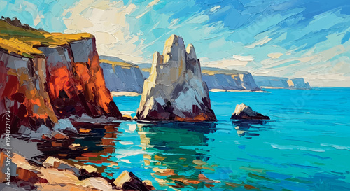 Coastal Cliff and Turquoise Sea Abstract Landscape Painting