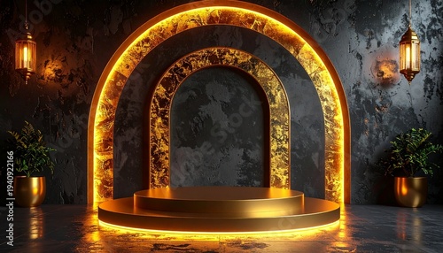 Luxury golden arch and podium on dark background, product display stage