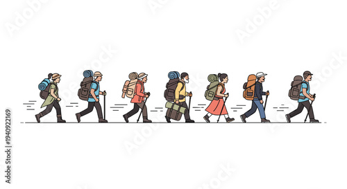 A diverse group of eight hikers, each carrying a large backpack and a walking stick, is walking in a single file line.