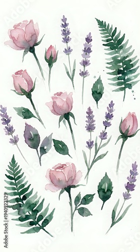 Watercolor botanical elements with pink roses, purple lavender and green fern leaves isolated on white background for floral design projects.