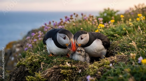 Two Atlantic puffins with colorful beaks sitting together on grassy cliff edge with wildflowers overlooking ocean during golden hour sunset lighting.