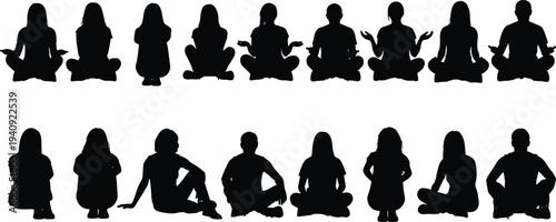 Meditating people silhouettes collection featuring men and women sitting in yoga poses, mindfulness and relaxation lifestyle illustration isolated on white background
