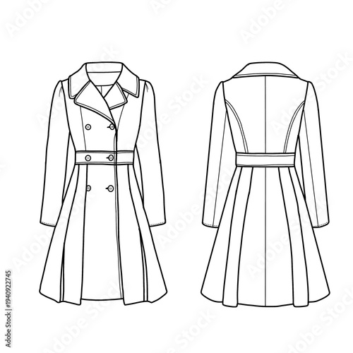 Detailed fashion illustration of a double-breasted trench coat with a belted waist and flared skirt, front and back views. Isolated on a white background