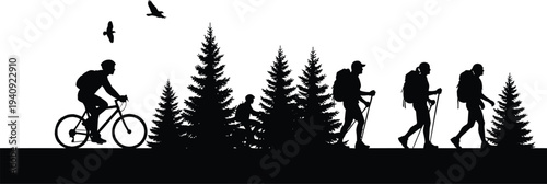 Outdoor adventure silhouettes of hikers and cyclist trekking through forest landscape, camping and backpacking expedition scene, nature travel illustration isolated on white background