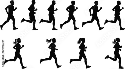 Running people silhouettes collection featuring male and female joggers in motion, athletic fitness training and healthy lifestyle illustration isolated on white background