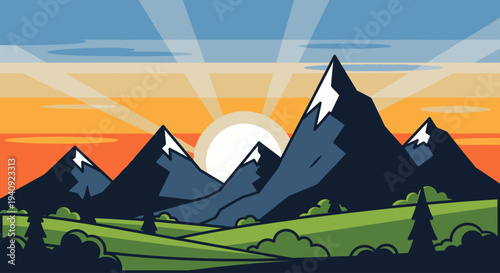Illustration of a mountain range at sunrise with green fields and trees in the foreground against a vibrant orange and blue sky.