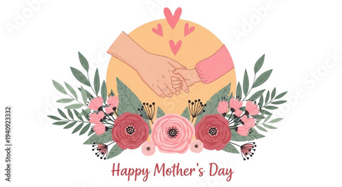 Mother's Day Love: Parent Holding Child's Hand, Floral Bouquet, Warmth, Family Celebration, Gift Idea