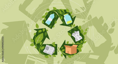Eco-friendly recycling symbol made of green leaves with various recyclable materials in a circular arrangement on a light green background.