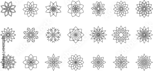 Set of 24 gray geometric flowers outline mandalas on transparent background