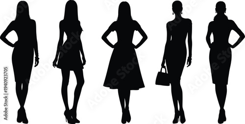 Stylish businesswomen silhouettes collection featuring elegant female figures in formal dresses and high heels, professional fashion lifestyle illustration isolated on white background