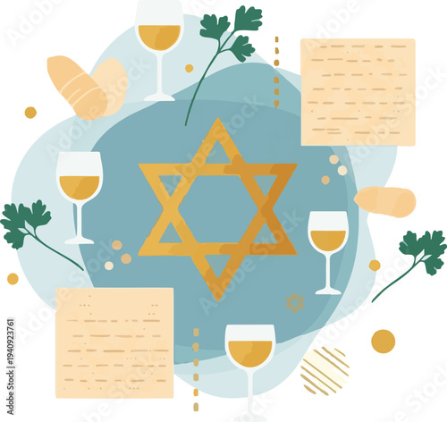 Passover Seder illustration with Star of David, matzah, four cups of wine, and parsley on blue background.