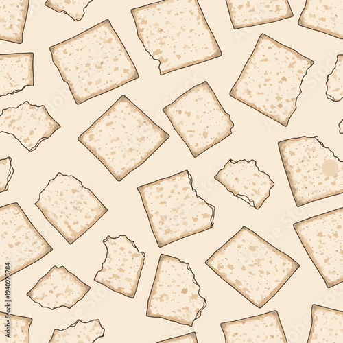Seamless pattern background of traditional Jewish matzah flatbread and broken pieces for Passover holiday designs.