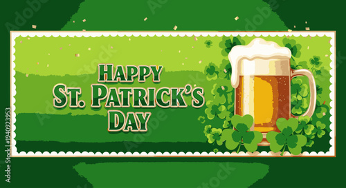 Digital illustration of a St. Patrick's Day banner with a beer mug and shamrocks on a green background with festive text.