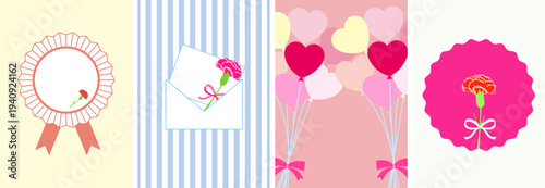 Mother’s Day Carnation Ribbon Illustration Set Without Text