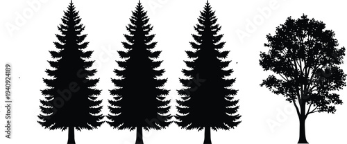 Tree silhouettes collection featuring pine and deciduous trees isolated on white background, forest nature elements set for landscape design illustration