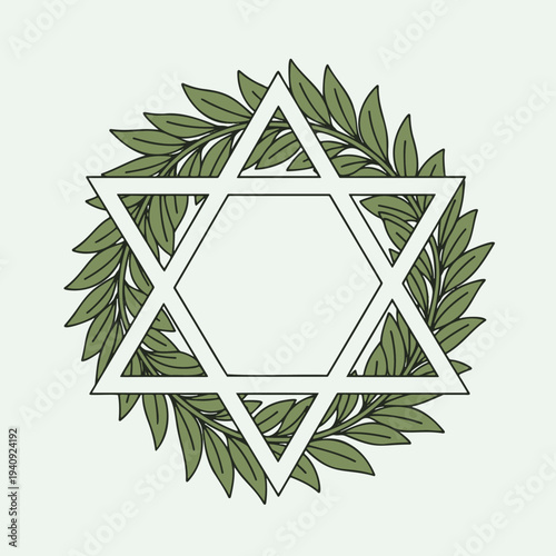 Hand drawn illustration of the Star of David framed by a green olive leaf wreath on a light background.